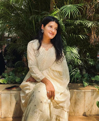Premium MulChanderi Chikankari Kurta set with embroidered Pant and Dupatta Gharana