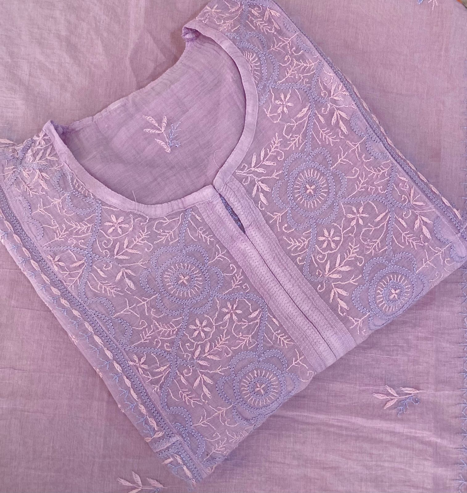 Premium Mul chanderi Chikankari Semi Stitched 2 piece Tunic and Dupatta set - Lavender Gharana