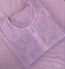 Premium Mul chanderi Chikankari Semi Stitched 2 piece Tunic and Dupatta set - Lavender Gharana