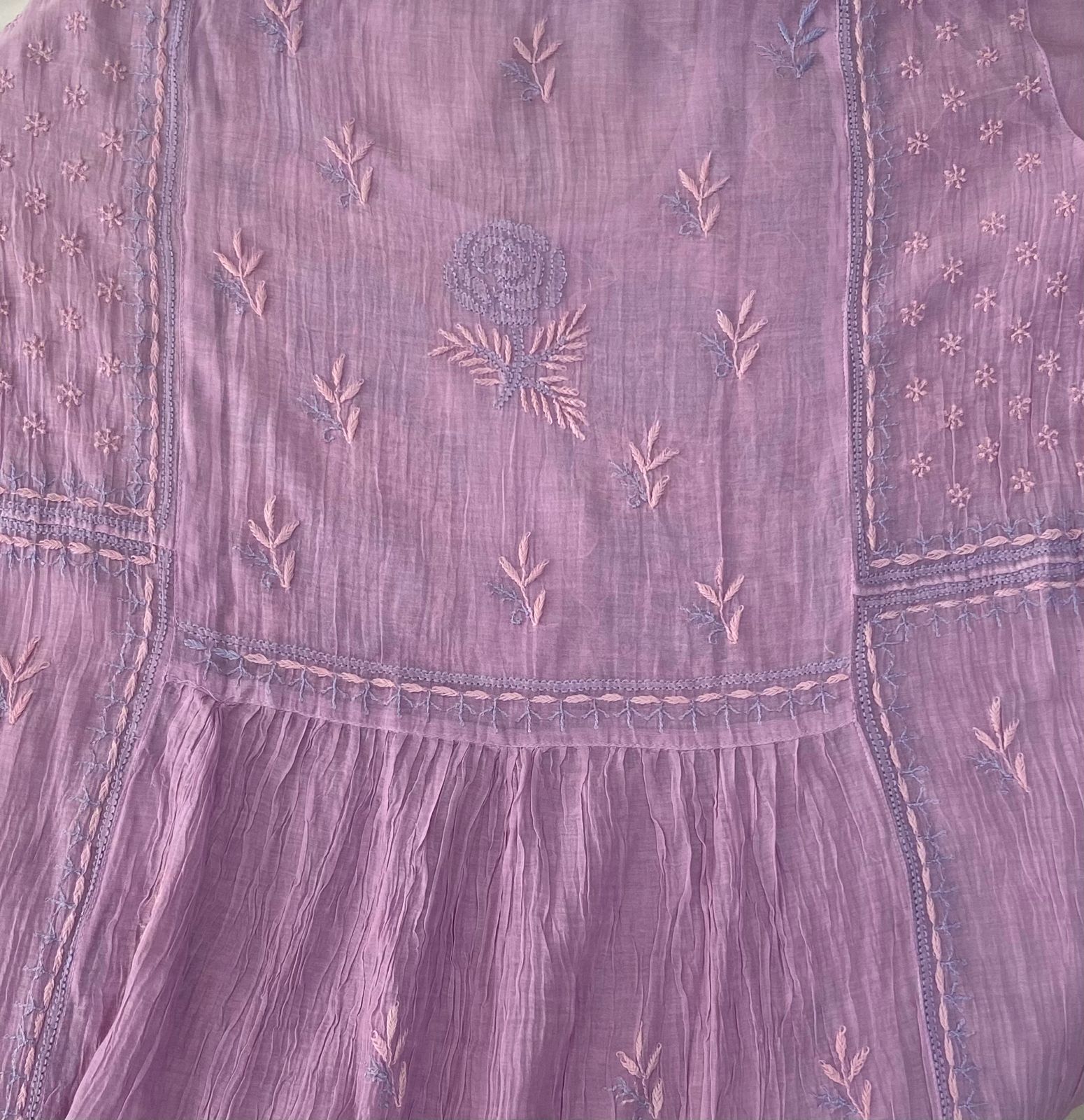 Premium Mul chanderi Chikankari Semi Stitched 2 piece Tunic and Dupatta set - Lavender Gharana