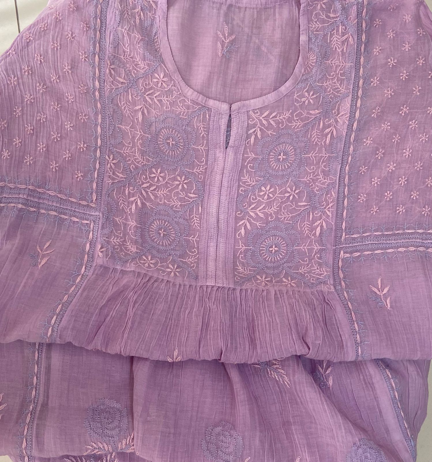 Premium Mul chanderi Chikankari Semi Stitched 2 piece Tunic and Dupatta set - Lavender Gharana