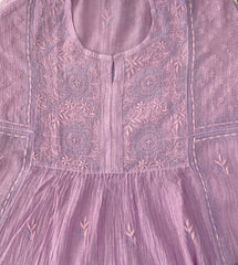 Premium Mul chanderi Chikankari Semi Stitched 2 piece Tunic and Dupatta set - Lavender Gharana
