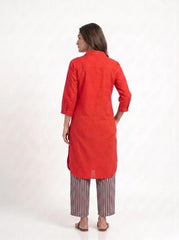 Aira Cherry Red Cotton Poplin Kurta Set with Contrast Striped Trousers