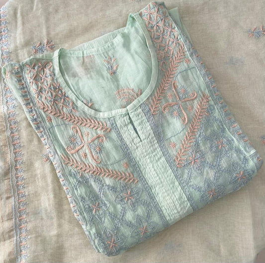 Premium Mul chanderi Chikankari Semi Stitched 2 piece Tunic and Dupatta set – Light Sage Gharana
