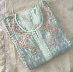 Premium Mul chanderi Chikankari Semi Stitched 2 piece Tunic and Dupatta set – Light Sage Gharana