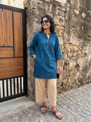 Aira Cobalt Blue Cotton Slub Co-ord Set with Checked Trousers
