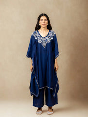 Premium Chanderi Silk Midnight Blue Chikankari Kaftan Set with Kamdani Work Gharana