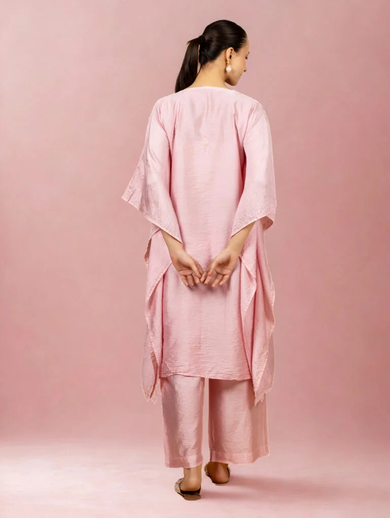 Premium Chanderi Silk Baby Pink Chikankari Kaftan Set Gharana