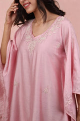 Premium Chanderi Silk Baby Pink Chikankari Kaftan Set Gharana