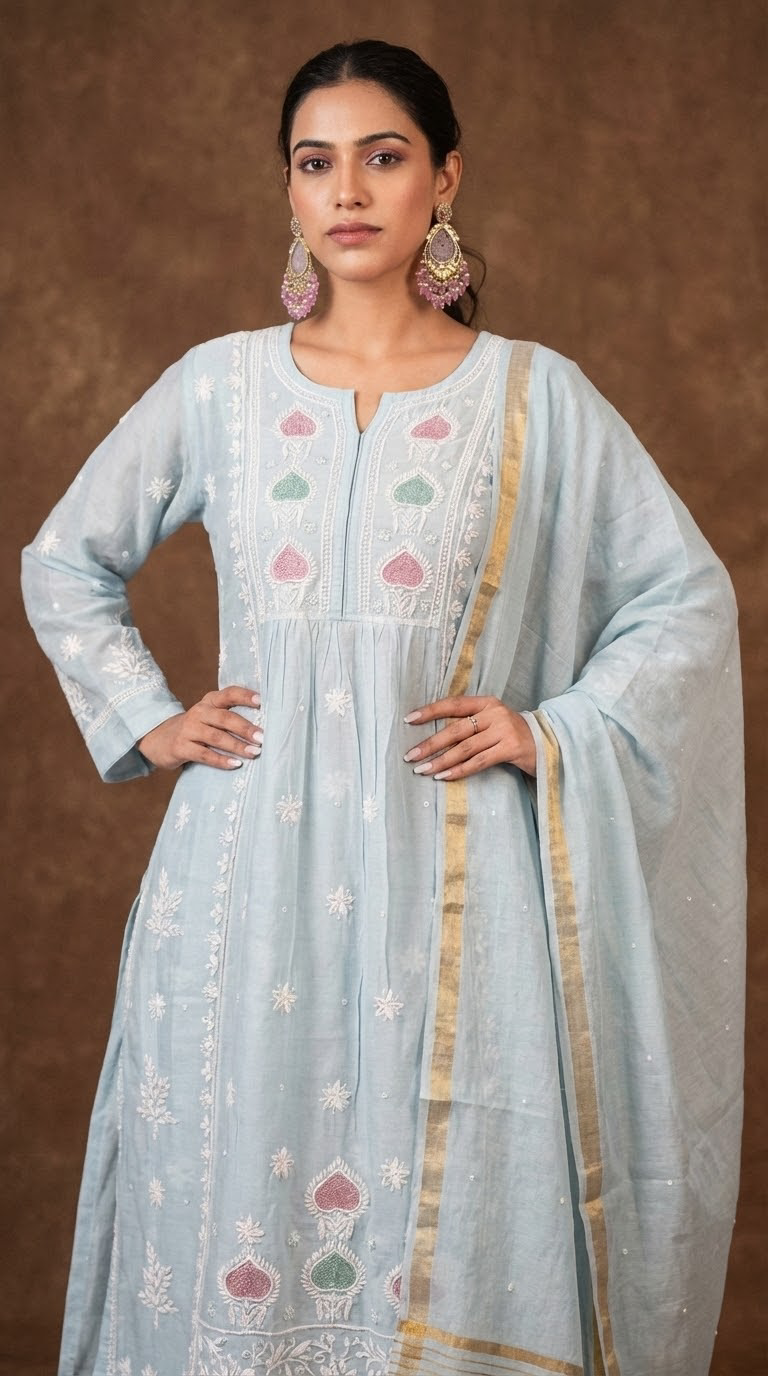 Jashn Pure Chanderi Chikankari Powder Blue A Line 3PC Kurta Set with Dupatta Gharana