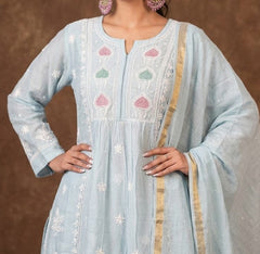 Jashn Pure Chanderi Chikankari Powder Blue A Line 3PC Kurta Set with Dupatta Gharana