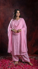 Ishq Georgette 4PC Chikankari Kurta Set in Resham Jaal work - Pink