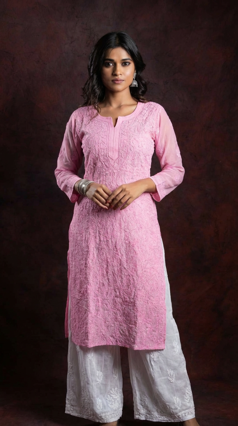 Buy Premium Ishq Georgette Pink Kurta with Resham Jaal work - Gharana India