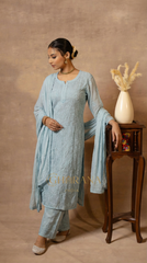 Ishq Georgette 4PC Chikankari Kurta Set in Resham Jaal work - Grey Gharana