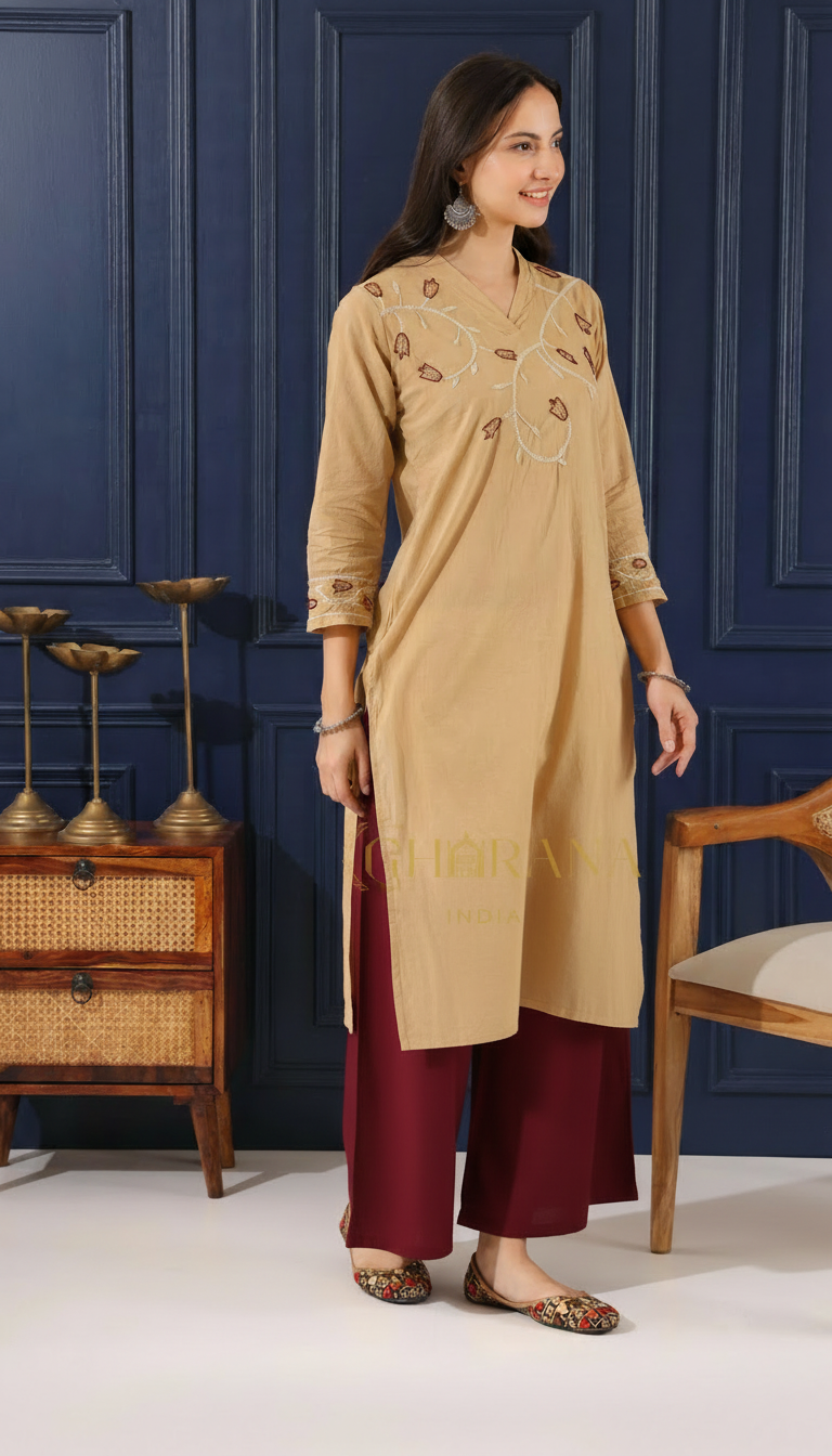 Heer Mul Cotton Beige chikankari Kurta Set Gharana