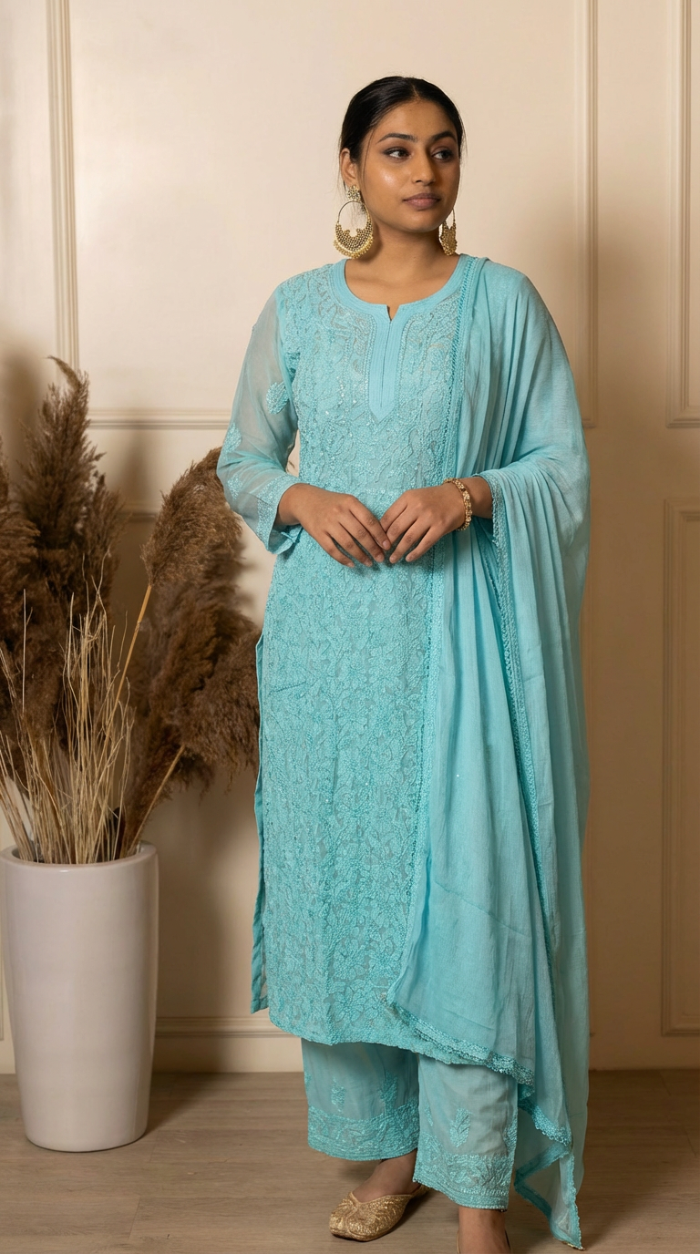 Ishq Georgette 4PC Chikankari Kurta Set in Resham Jaal work - Sea Green Gharana