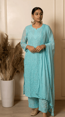 Ishq Georgette 4PC Chikankari Kurta Set in Resham Jaal work - Sea Green Gharana