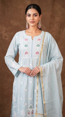 Jashn Pure Chanderi Chikankari Powder Blue A Line 3PC Kurta Set with Dupatta Gharana