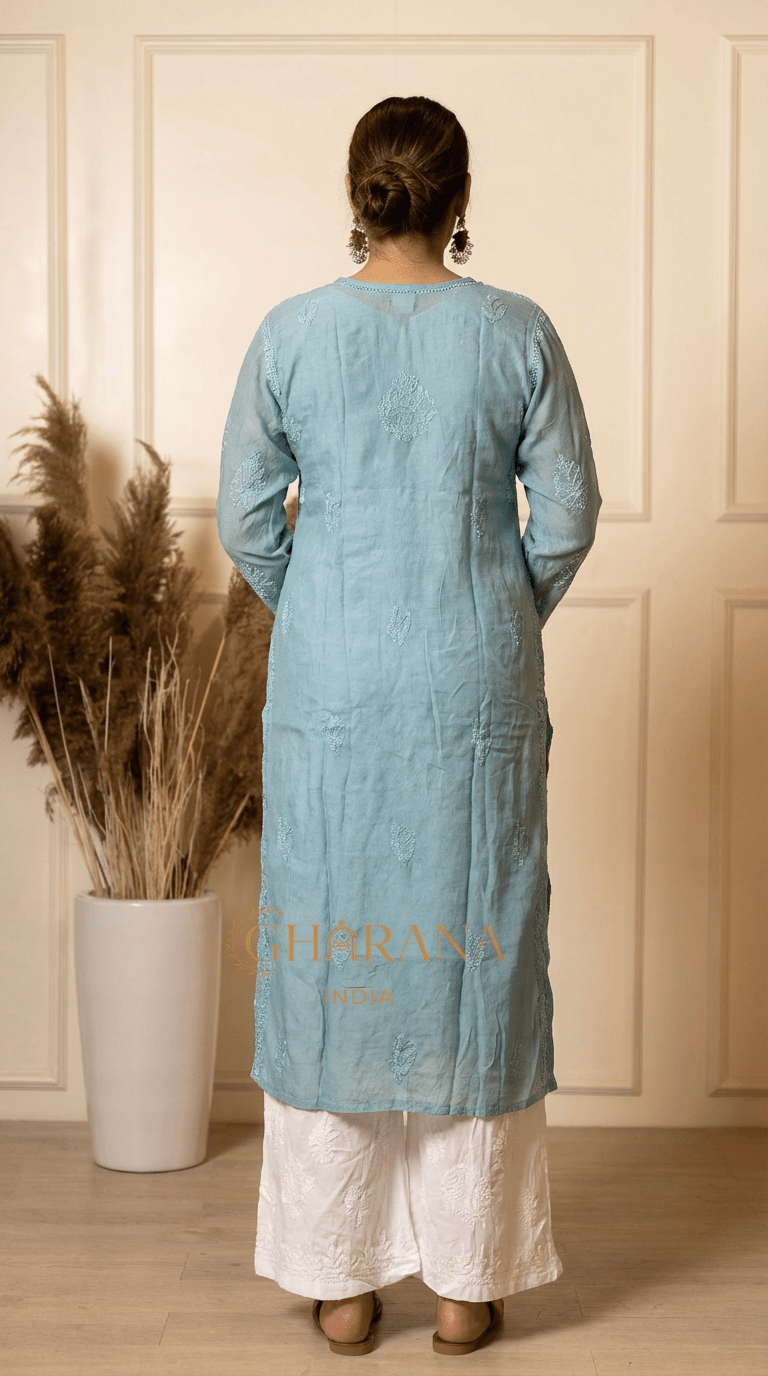 Ishq Georgette Kurta in Resham Jaal work with matching slip - Grey Gharana