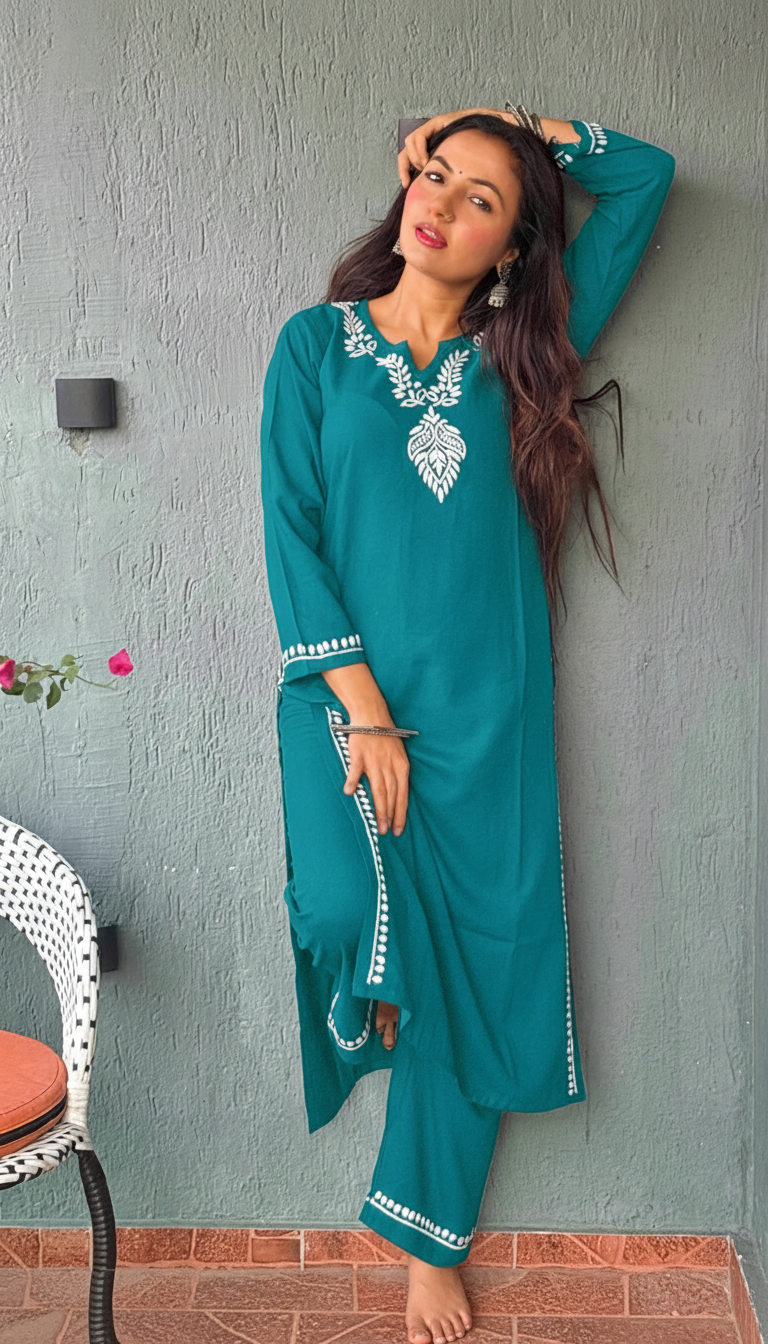 Heer Rayon 2 PC Teal chikankari kurta set Gharana