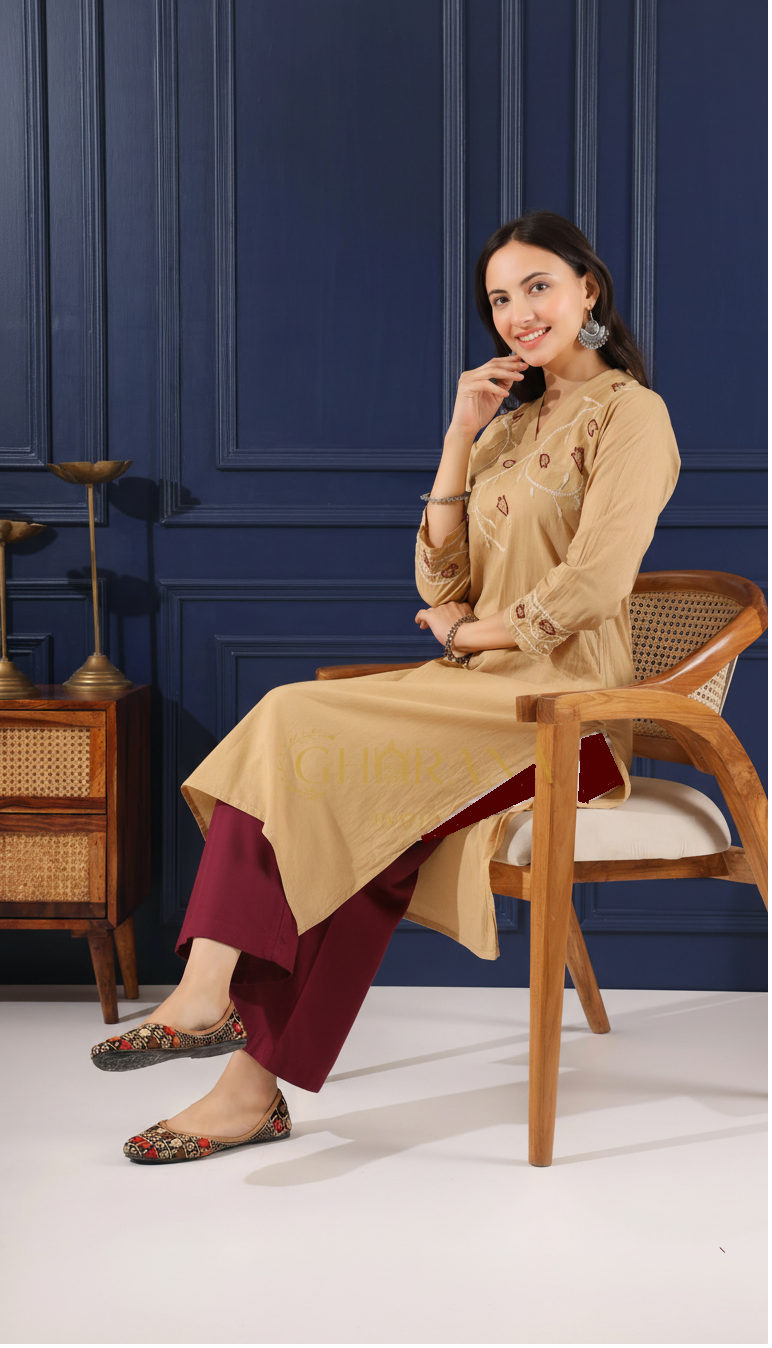 Heer Mul Cotton Beige chikankari Kurta Set Gharana
