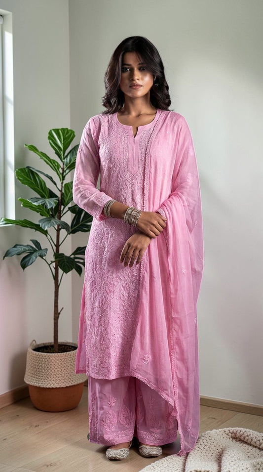Ishq Georgette 4PC Chikankari Kurta Set in Resham Jaal work - Pink Gharana