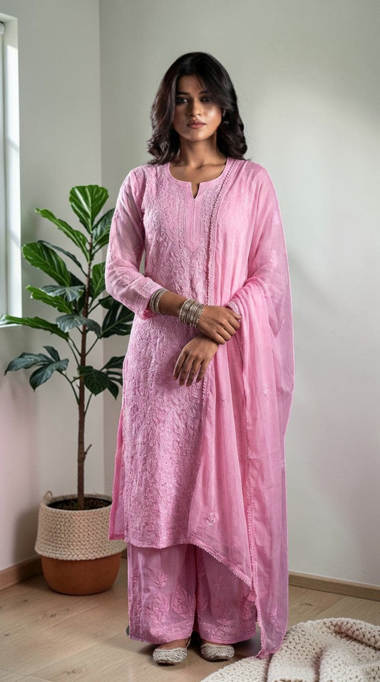 Ishq Georgette 4PC Chikankari Kurta Set in Resham Jaal work - Pink Gharana