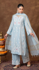 Jashn Premium Chanderi Chikankari Powder Blue A Line 3PC Kurta Set with Dupatta Gharana