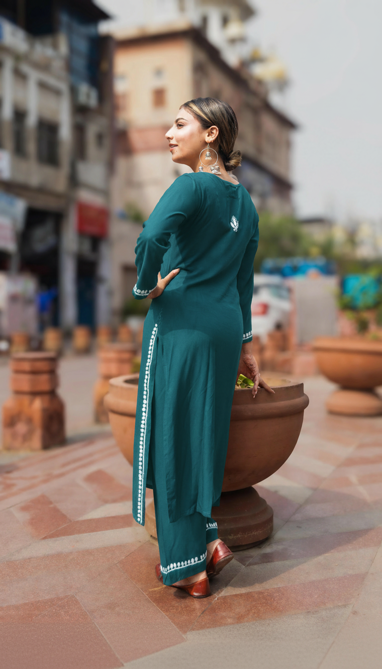 Heer Rayon 2 PC Teal chikankari kurta set Gharana