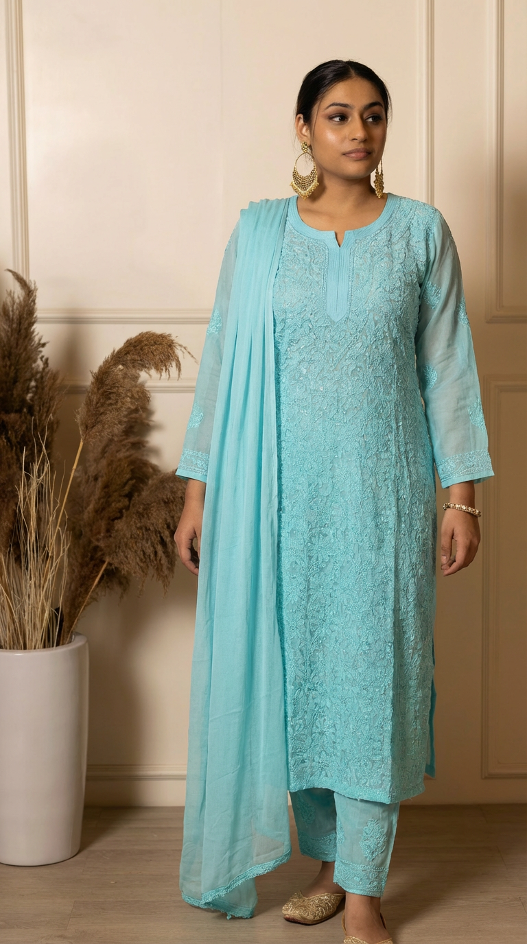 Ishq Georgette 4PC Chikankari Kurta Set in Resham Jaal work - Sea Green Gharana