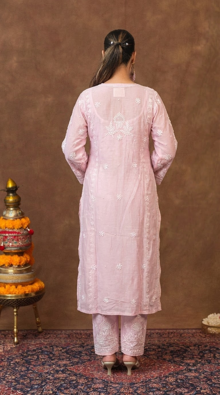 Jashn Premium Chanderi Chikankari Blush Pink A Line 3PC Kurta Set with Dupatta Gharana