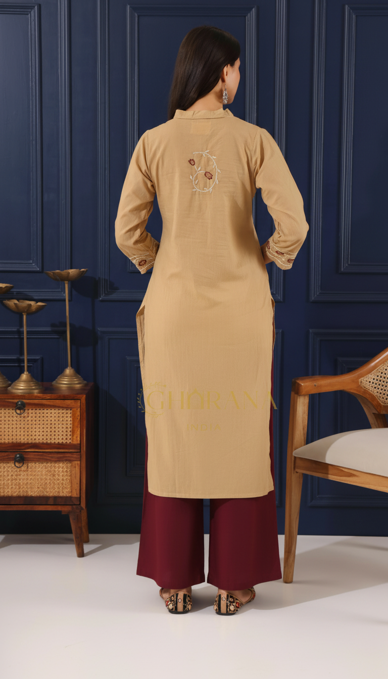 Heer Mul Cotton Beige chikankari Kurta Set Gharana