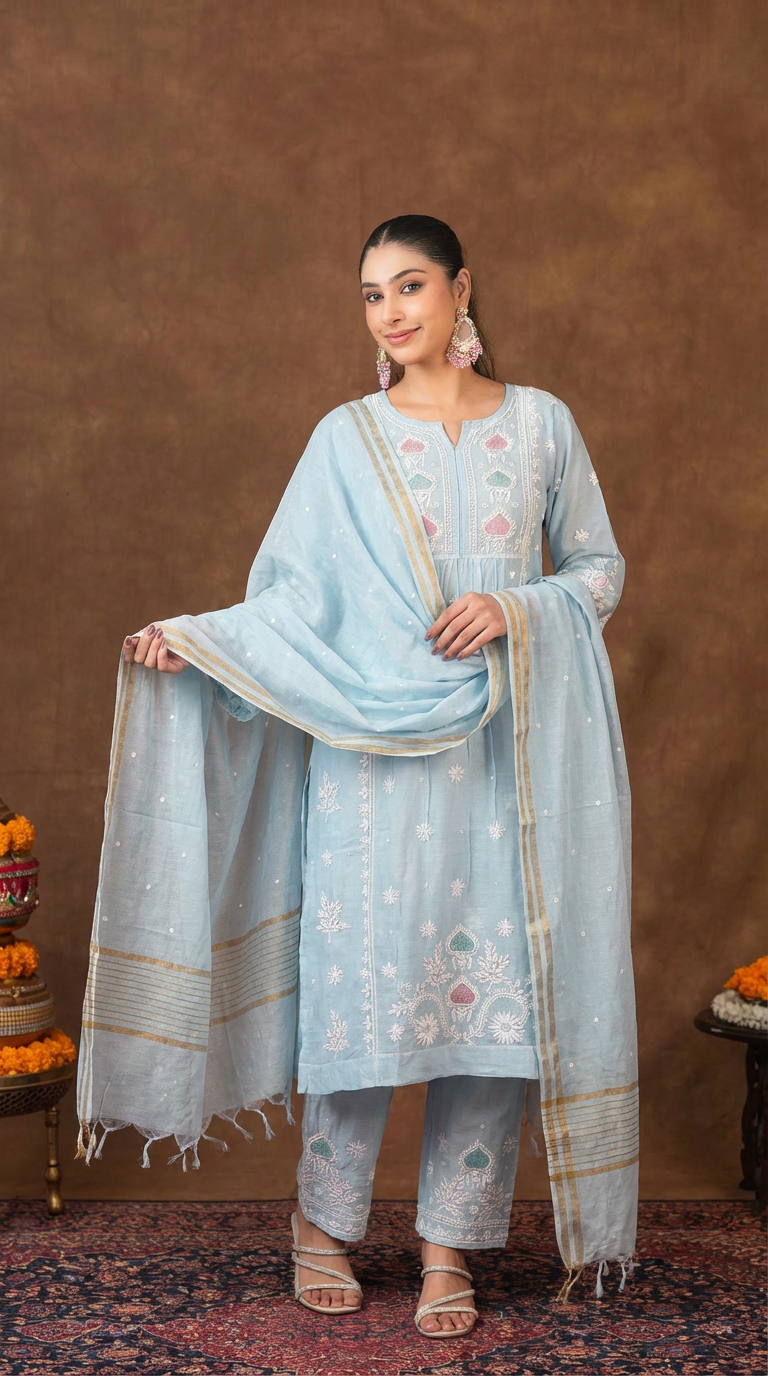 Jashn Pure Chanderi Chikankari Powder Blue A Line 3PC Kurta Set with Dupatta Gharana