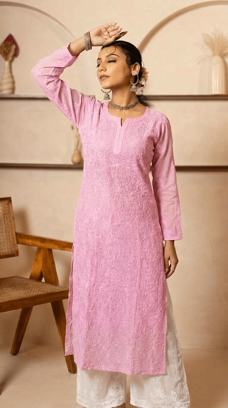 Ishq Georgette Kurta in Resham Jaal work with matching slip - Pink Gharana