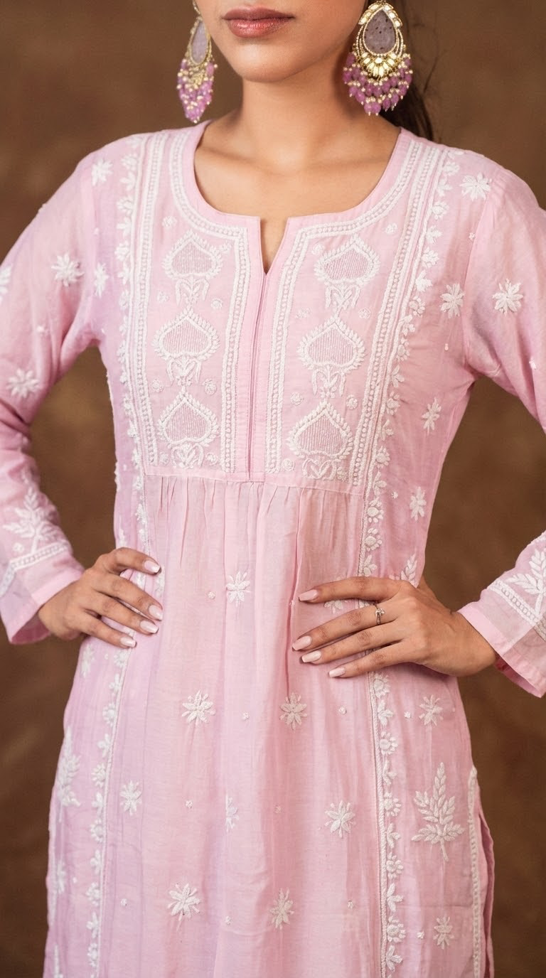 Jashn Premium Chanderi Chikankari Blush Pink A Line 3PC Kurta Set with Dupatta Gharana