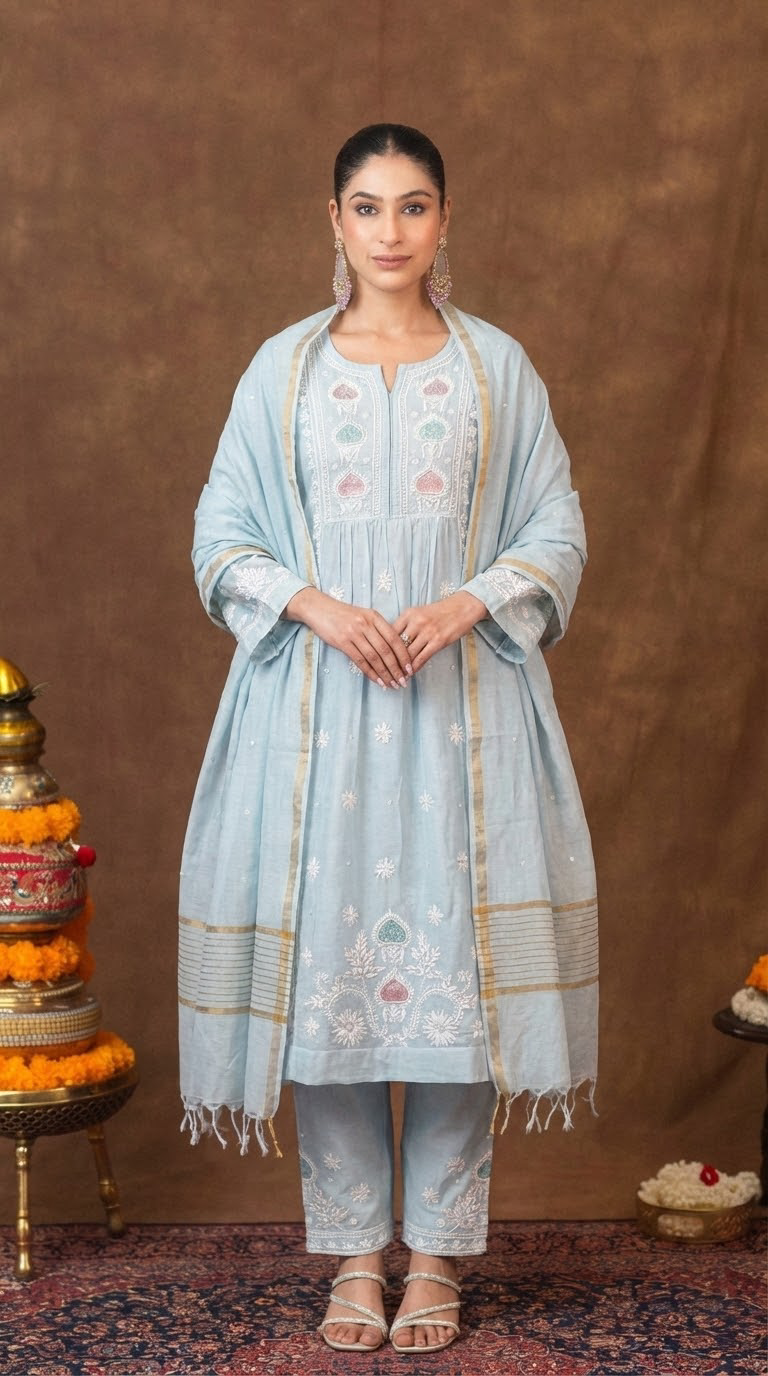 Jashn Premium Chanderi Chikankari Powder Blue A Line 3PC Kurta Set with Dupatta Gharana