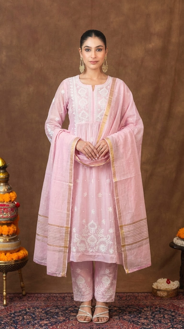Jashn Premium Chanderi Chikankari Blush Pink A Line 3PC Kurta Set with Dupatta Gharana