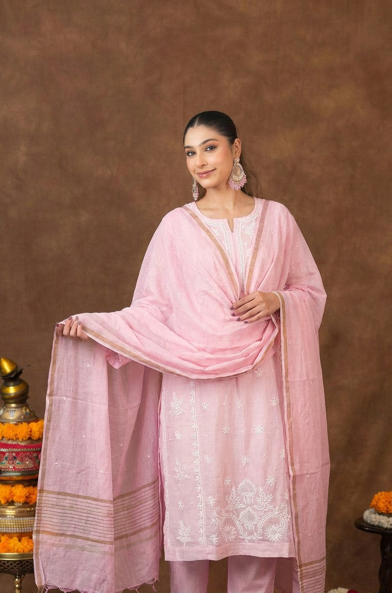 Jashn Premium Chanderi Chikankari Blush Pink A Line 3PC Kurta Set with Dupatta Gharana