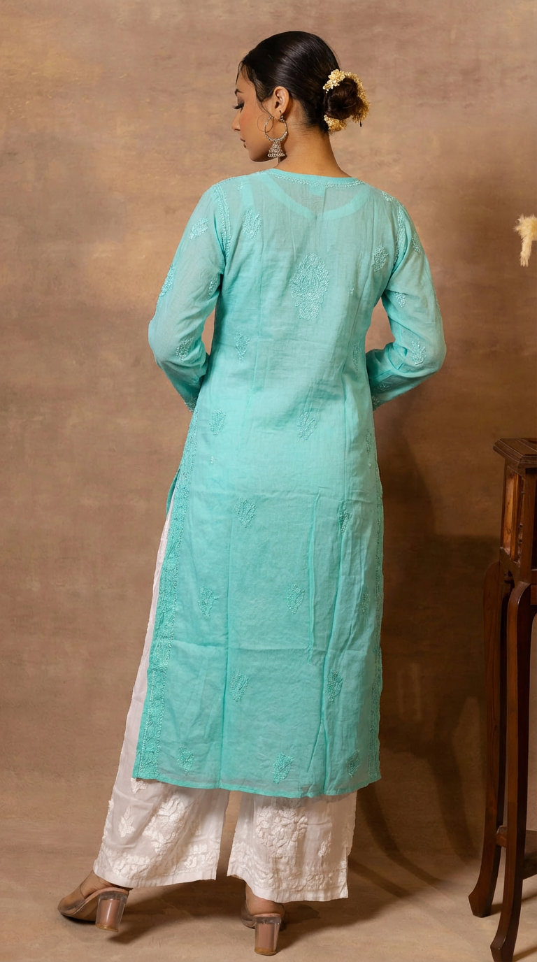 Ishq Georgette Kurta in Resham Jaal work with matching slip - Sea Green Gharana