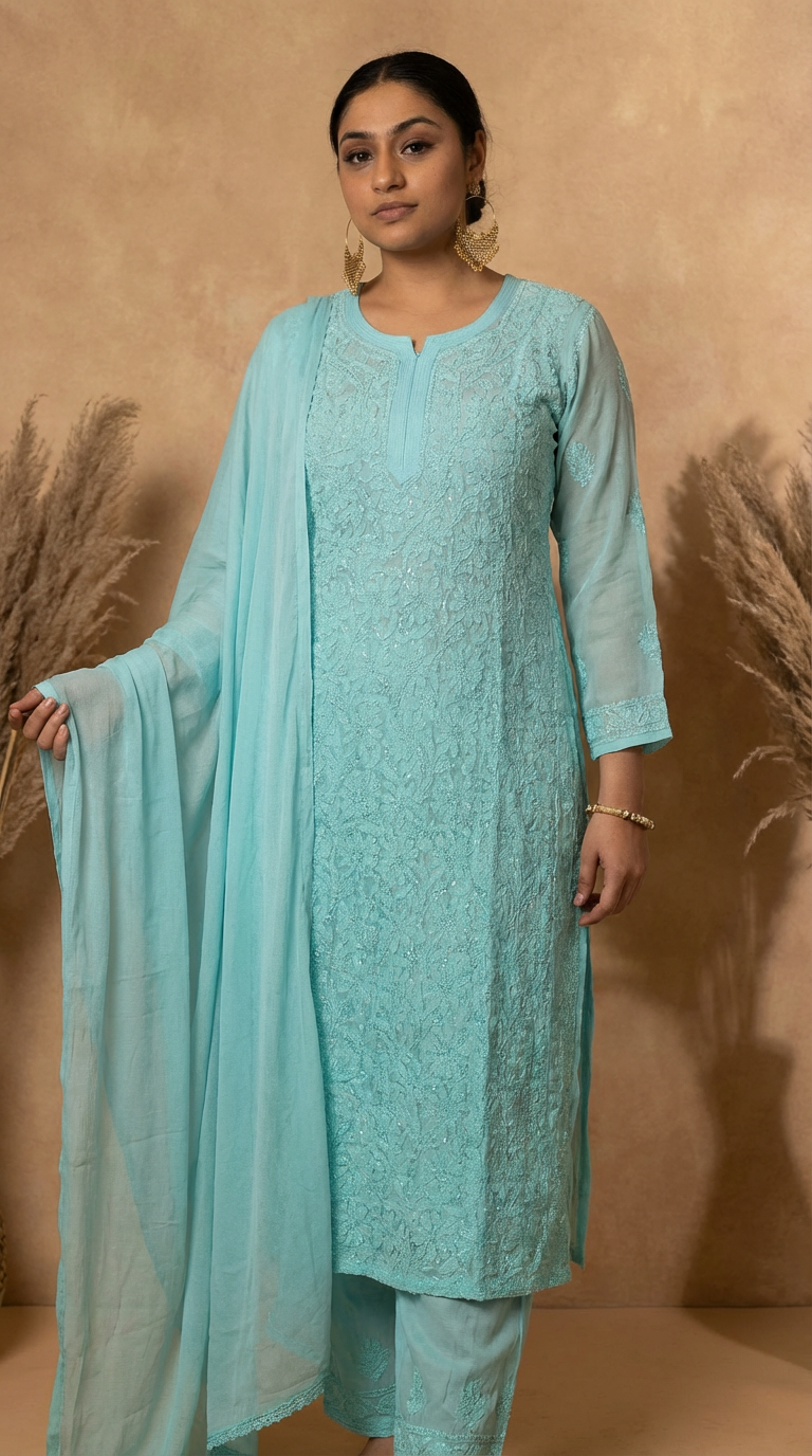Ishq Georgette 4PC Chikankari Kurta Set in Resham Jaal work - Sea Green Gharana