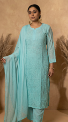 Ishq Georgette 4PC Chikankari Kurta Set in Resham Jaal work - Sea Green Gharana