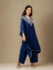 Premium Chanderi Silk Midnight Blue Chikankari Kaftan Set with Kamdani Work Gharana