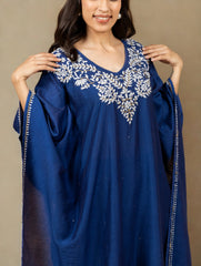 Premium Chanderi Silk Midnight Blue Chikankari Kaftan Set with Kamdani Work Gharana