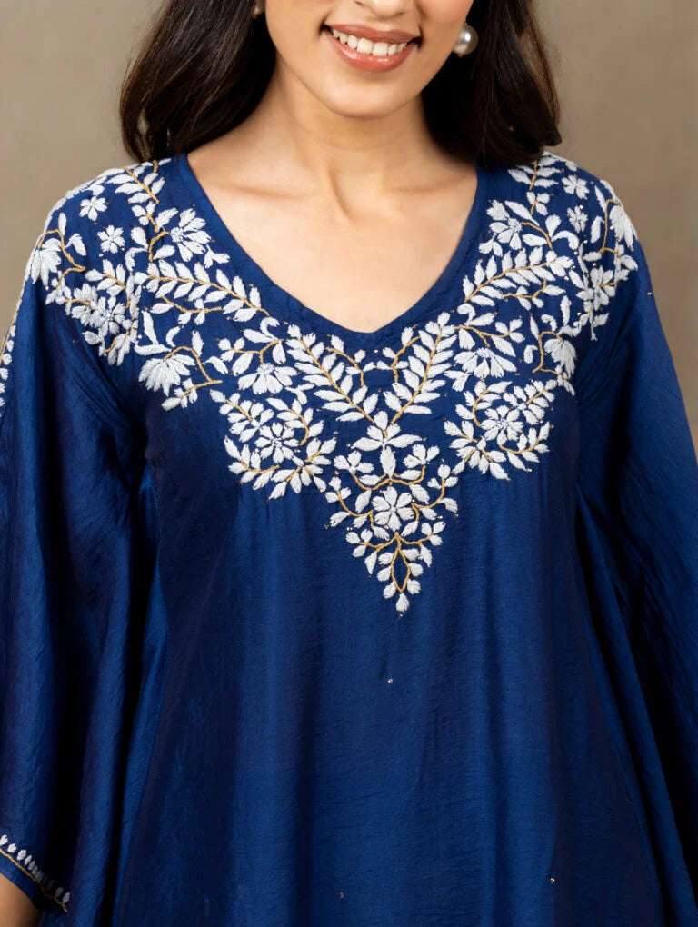 Premium Chanderi Silk Midnight Blue Chikankari Kaftan Set with Kamdani Work Gharana