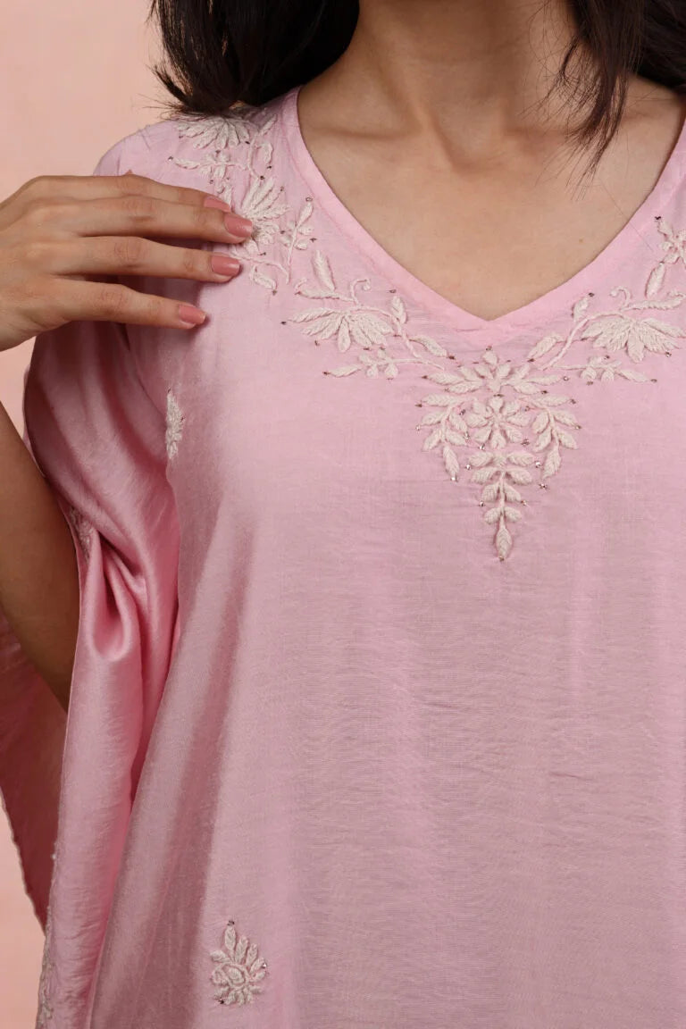 Premium Chanderi Silk Baby Pink Chikankari Kaftan Set Gharana