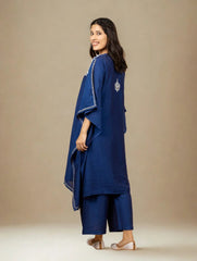 Premium Chanderi Silk Midnight Blue Chikankari Kaftan Set with Kamdani Work Gharana