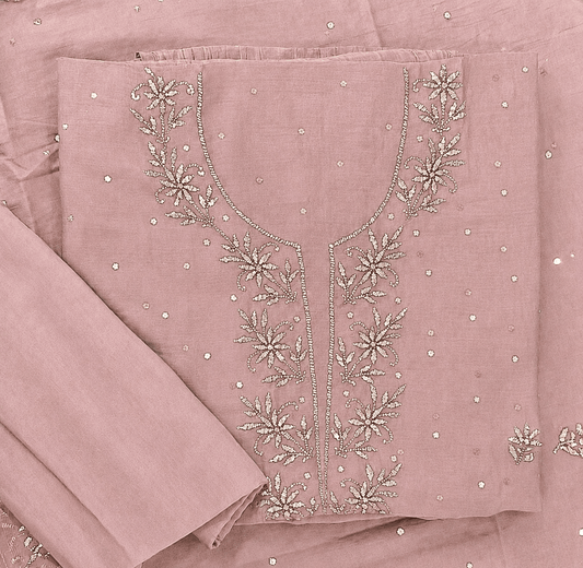 Premium Mulchanderi 3 PC Unstitched Tunic, Dupatta & Bottom in Kamdani work- Baby pink