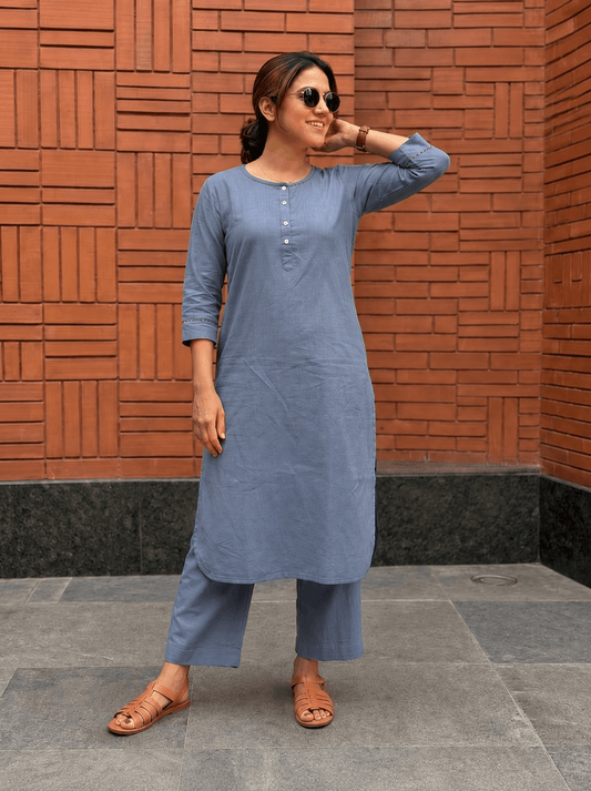 Aira Steel Blue Co-ord Set with Wine Hand Stitch