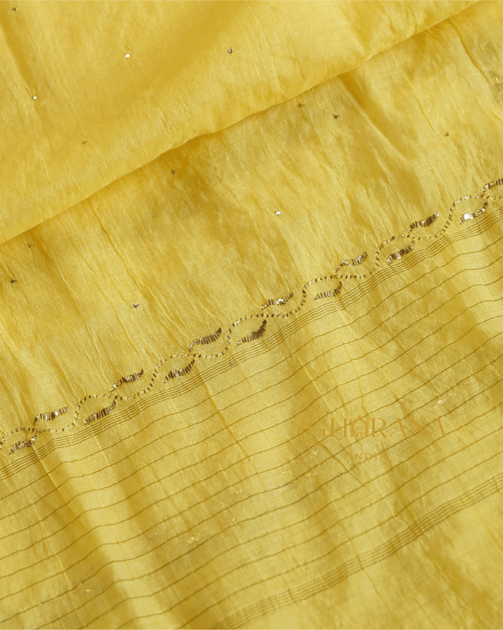 Premium Mulchanderi 3 PC Semi stitched Tunic, Dupatta & Bottom in Kamdani work-Yellow Gharana