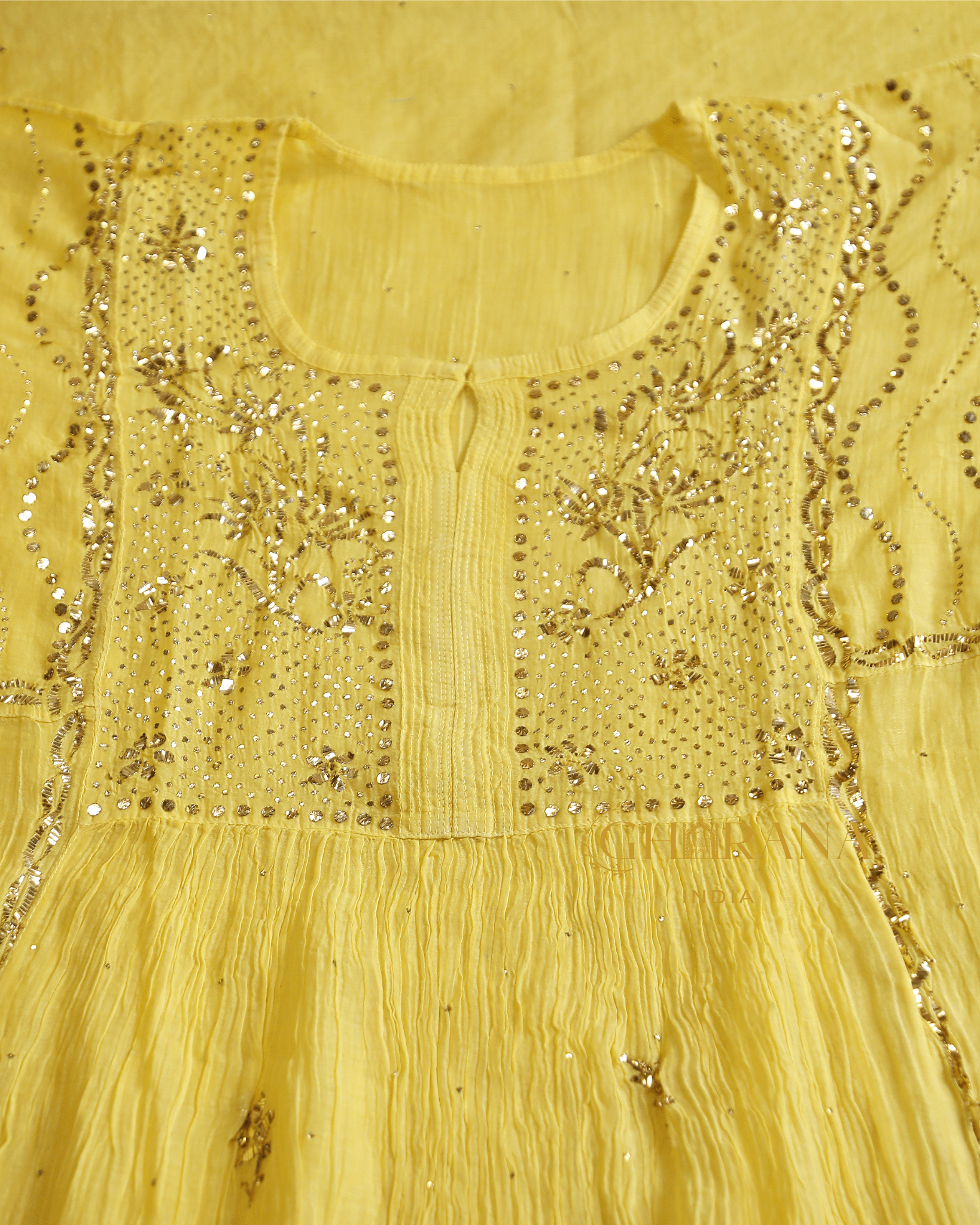 Premium Mulchanderi 3 PC Semi stitched Tunic, Dupatta & Bottom in Kamdani work-Yellow Gharana